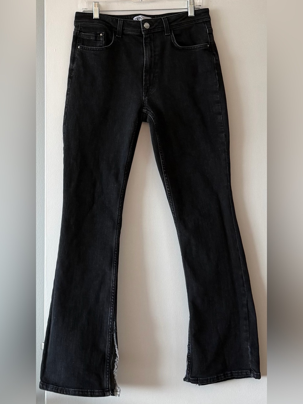 ZARA High Rise Split Hem Flare Jeans Washed Black Raw Edge Size 10